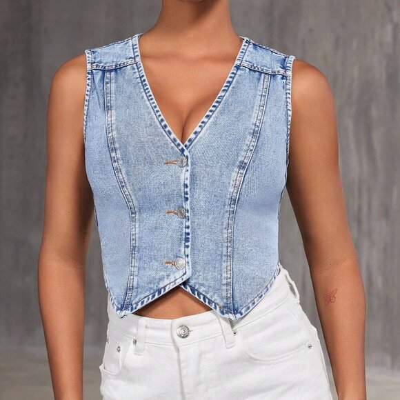 Tops - Blue Casual Women's Denim Vest Top